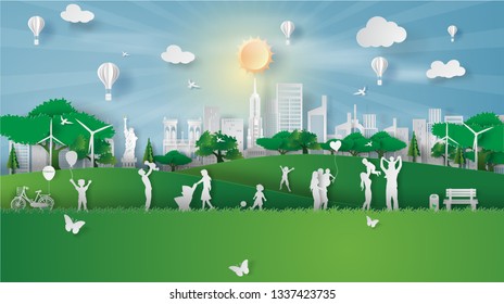 Paper art style of eco landscape sunlight at New York City America with happy family having fun,People big family enjoy fresh air in outdoor park,illustration design ecology paper cut concept vector. 