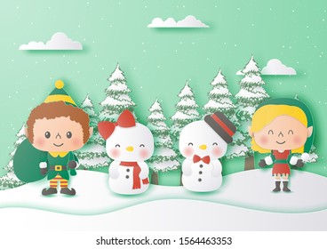 Paper art style of elf and friends with Christmas tree and snowflake background, Merry christmas and happy new year concept