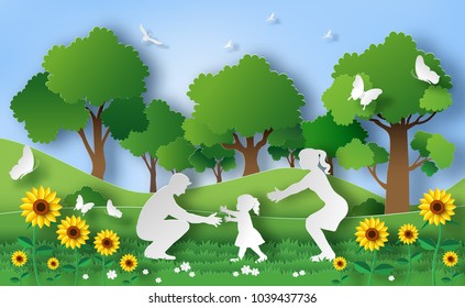 Paper art style of family enjoy fresh air in the park with baby to make first steps on grass, eco green city, flat-style vector illustration.
