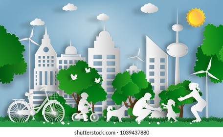 Paper art style of family enjoy fresh air in the park with baby to make first steps on grass, eco green city, flat-style vector illustration.