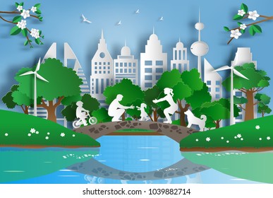 Paper art style of family enjoy fresh air in the park with baby to make first steps on grass, eco green city, flat-style vector illustration.