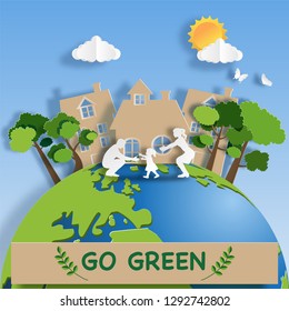 Paper art style of family enjoy fresh air in the park with baby to make first steps on grass, eco green city, flat-style vector illustration.