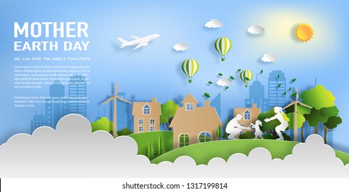 Paper art style of family enjoy fresh air in the park with baby to make first steps on grass, eco green city, world environment and earth day concept, flat-style vector illustration.