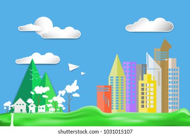 paper art style flat design color city town house landscape  countryside on Green lawn with airplane and sun in blue sky big cloud  background. concept vector illustration