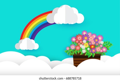  paper art style, flowers  in the sky, rainbow and cloud 