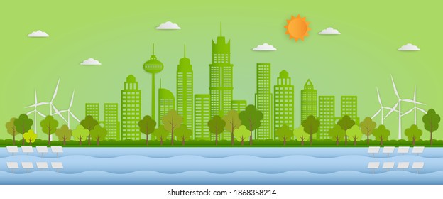 Paper art style of green city and environment conservation with wind turbines and solar cells. Eco and nature concept. Vector illustration EPS10.