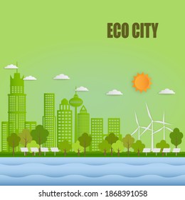 Paper art style of green city and environment conservation with wind turbines and solar cells. Eco and nature concept. Copy space for text.