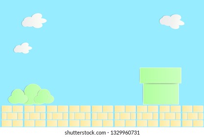 Paper Art Style Green Pipe with brick Isolate on Blue Background ,Retro Game Background.