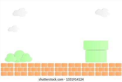 Paper Art Style Green Pipe with brick Isolate on white background ,Retro Game Background.