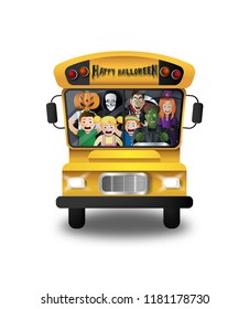 Paper art style of Halloween ghosts on a bus, kids screaming, for banner or poster background.