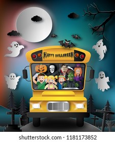 Paper art style of Halloween night with creepy ghosts on a bus, kids screaming, for banner or poster background.