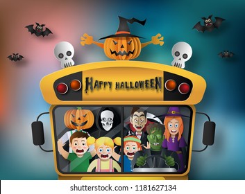 Paper art style of Halloween night with creepy ghosts on a bus, kids screaming, for banner or poster background.