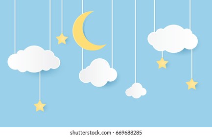 Paper art style, hanging clouds, stars, and moon in the blue sky design vector illustration