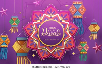 Festivalbanner im Stile der Papierkunst Happy Diwali Hindu. Blumenrangoli-Muster mit hängenden Laternen