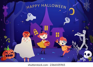 Ilustración feliz de Halloween al estilo del arte de papel. Niños con disfraces engañan o tratan en un bosque con mami, esqueleto, fantasma, calabaza temible en la cara, gato y espeluznante mansión en la espalda.