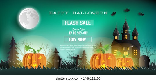 Paper art style of haunted house with bats, tombstones and full moon for banner, poster or background.