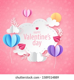 Paper art style of heart balloons and valentine's day greeting card template background.Vector illustration.