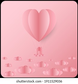 paper art style of heart and house colorful color floating in air pink sky background.Creative design space for Valentine Day,Festival,holiday,summer season, love story.Good idea .vector EPS10