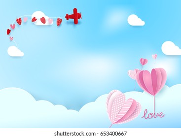Paper art style Heart shape balloons flying in sky with airplane. Valentines day and Love background