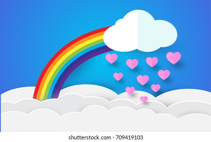  paper art style, heart in the sky and rainbow