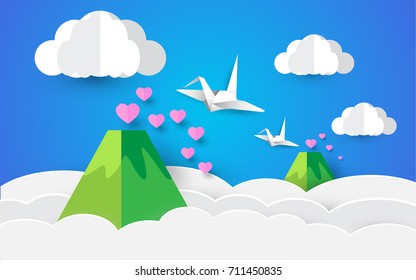  paper art style, heart in the sky and  bird
