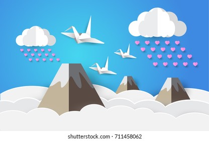  paper art style, heart in the sky and  bird