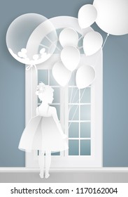 Paper art style high window, the girl by the window, the princess and balloons paper cut style. Vector illustration.