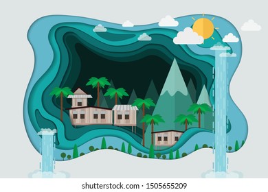 Paper art style. Hill houses with tropical island. paradise ocean landscape. flat style