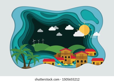 Paper art style. Hill houses with tropical island. paradise ocean landscape. flat style