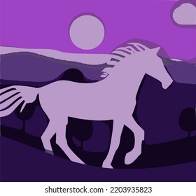 Paper art style horse galopping through a purple landscape