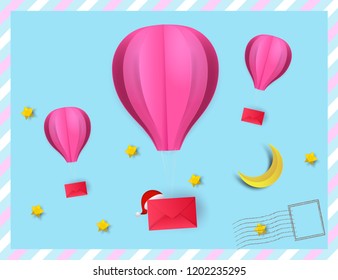 Paper art style of hot air balloon pink color hang red envelope floating on the sky. Merry Christmas and Happy New Year with poster format