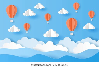 Paper art style of hot air balloons with cloud on blue sky. Vector illustration