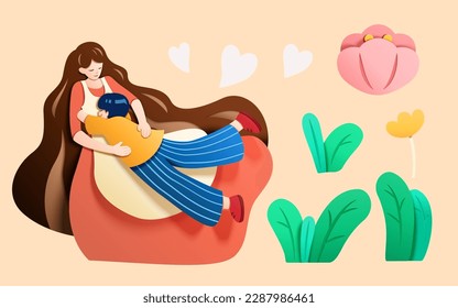 Paper art style illustrated happy son hugging mom, flowers, leaves and heart shape decor isolated on light yellow background.