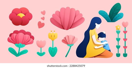 Paper art style illustrated lovely interaction of mom hug son, heart shape icon and floral decoration isolated on light pink background. Suitable for Mother's Day