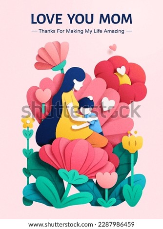 Paper art style illustrated lovely interaction of mom hugging son surrounded by floral decoration. Suitable for Mother's Day Foto d'archivio © 