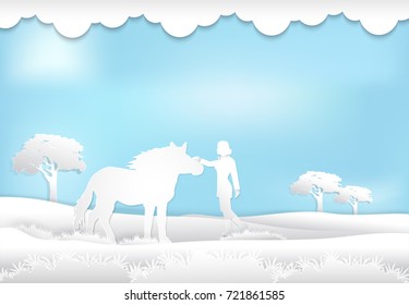 Paper art style illustration of Girl and Horse in the meadow background