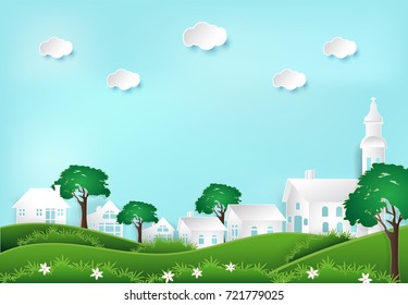 Paper art style illustration of Happiness and peaceful lifestyle in the village background