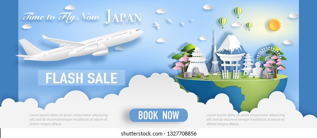 Paper art style of Japan landmark and tourist attractions, Fuji mountain, ancient, temple, Buddha, Tokyo tower, Torii Gate in Hiroshima, airline tickets and travelling promotion card.