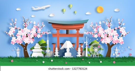 Paper art style of Japan landmark and tourist attractions, Fuji mountain, ancient, temple, Buddha, Tokyo tower, Torii Gate in Hiroshima, flat-style vector illustration.