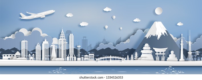 Paper art style of Japan landmark and tourist attractions, Fuji mountain, ancient, temple, Buddha, Tokyo tower, Torii Gate in Hiroshima, airline tickets and travelling promotion card.