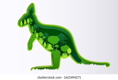 Paper art style of kangaroo with many plants, origami save the planet and energy concept.	