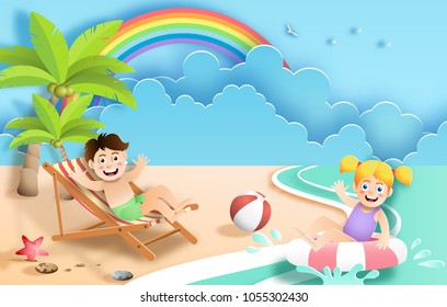 
Paper art style of kids having fun at the beach on holiday, swimming in ocean, rainbow background, flat-style vector illustration.