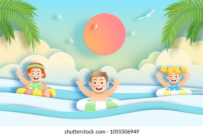 
Paper art style of kids having fun at the beach on holiday, swimming in ocean, flat-style vector illustration.