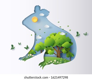 Paper art style of koala with many plants, origami save the planet and energy concept.	