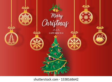 Paper art style of landscape with a Christmas tree and golden baubles, Merry Christmas and Happy New Year concept.