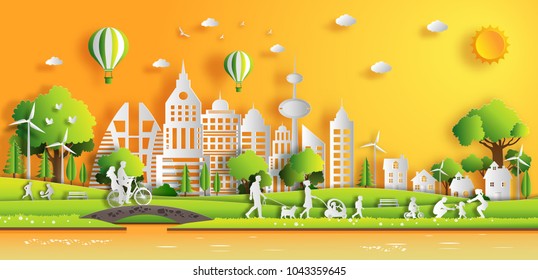 Paper art style of landscape in the city with sunset on summer, people enjoy fresh air in the park, flat-style vector illustration.