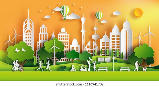 Paper art style of landscape in the city with sunset, people enjoy fresh air in the park, flat-style vector illustration.