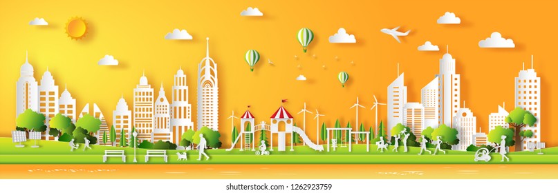 Paper art style of landscape in the city with sunset on summer, happy children playing in playground, people enjoy fresh air in the park, flat-style vector illustration.