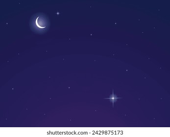 paper art style. Landscape City Village nighttime. Village with full moon. Vector of a crescent moon with stars on a cloudy night sky. Moon and stars background.	