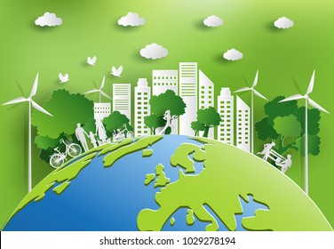 Paper art style of landscape with eco green city, people enjoy fresh air in the park, save the planet and energy concept, flat-style vector illustration.